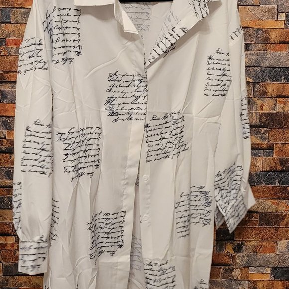 Cursive Newspaper Pattern Design Mini Long Sleeve Casual Shirt Dress,  (S-2XL) - Picture 6 of 9